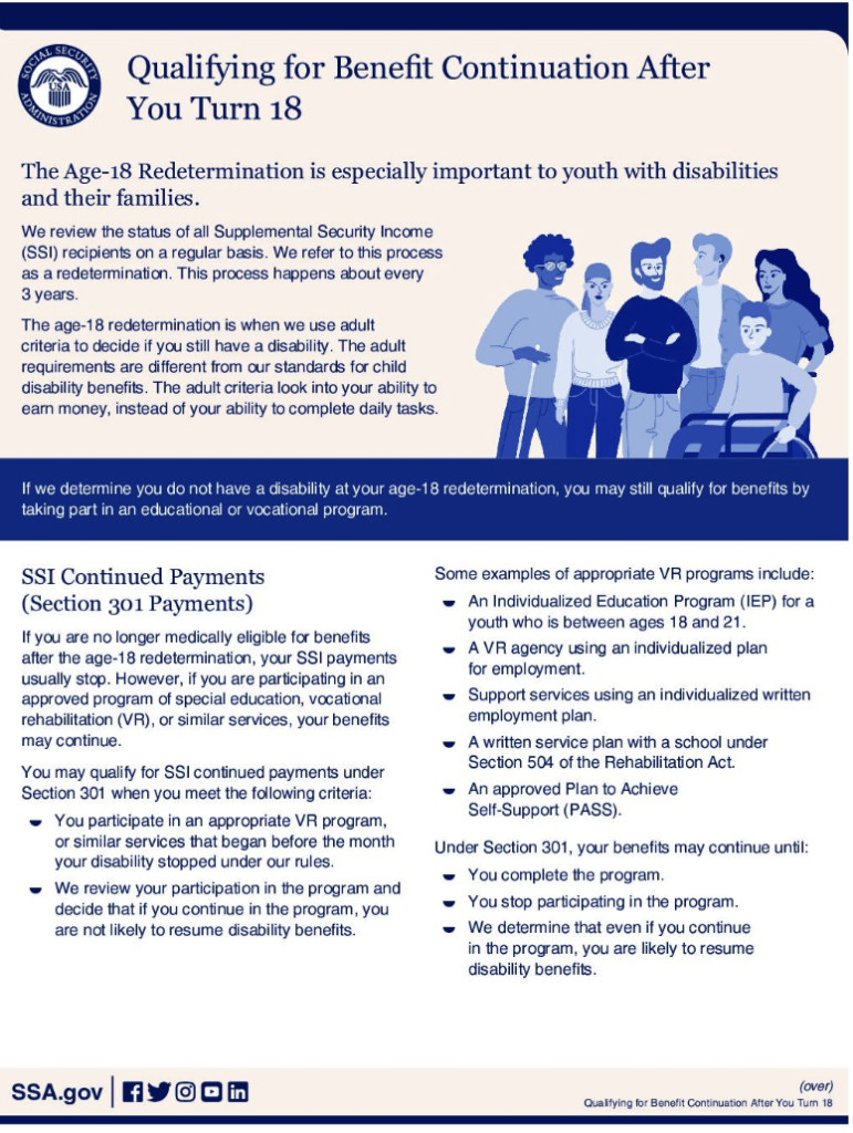 screenshot of page 1 of PDF from SSA.gov Qualifying for Benefit Continuation After
You Turn 18
