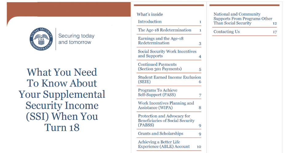 SSA brochure title What You Need To Know About Your Supplemental Security Income (SSI) When You Turn 18 with the table of contents pictured. 