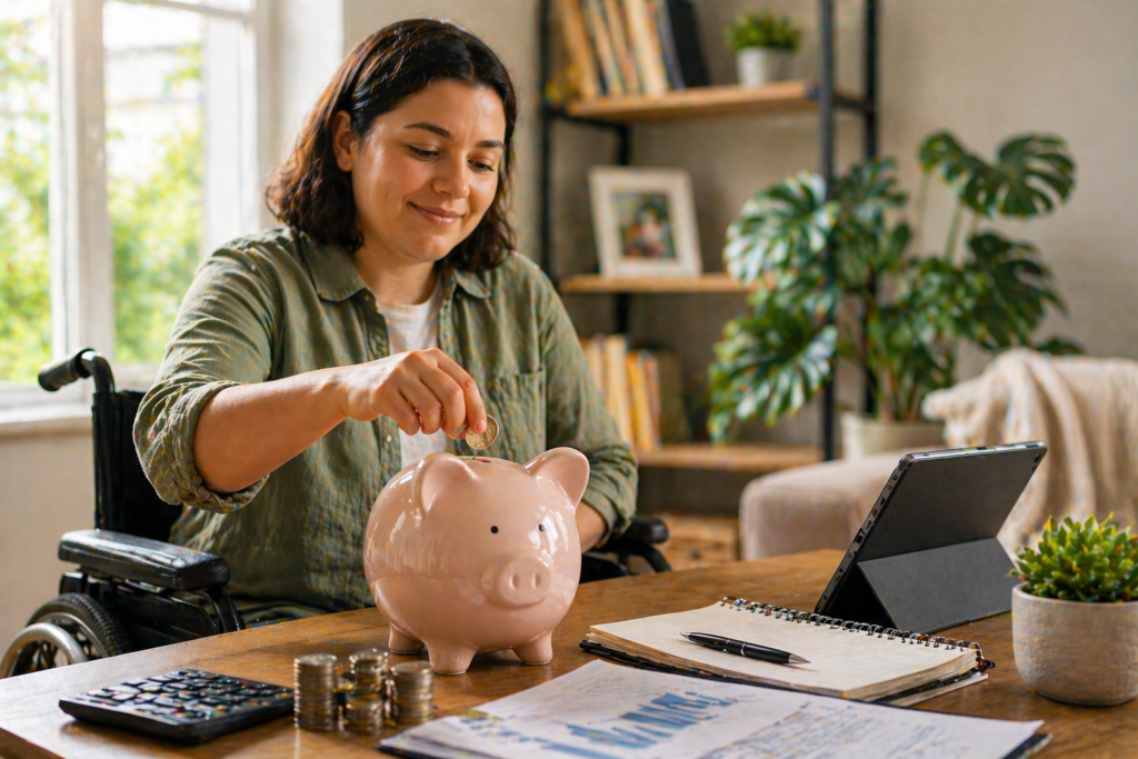 Adult in a wheelchair saving money by placing coins into a piggy bank at home, with a notebook, tablet, and financial planning tools on a desk, representing financial independence and ABLE account savings for SSI recipients