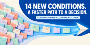 Illustration of claim folders moving along a blue pathway, with the headline “14 New Conditions. A Faster Path to a Decision.