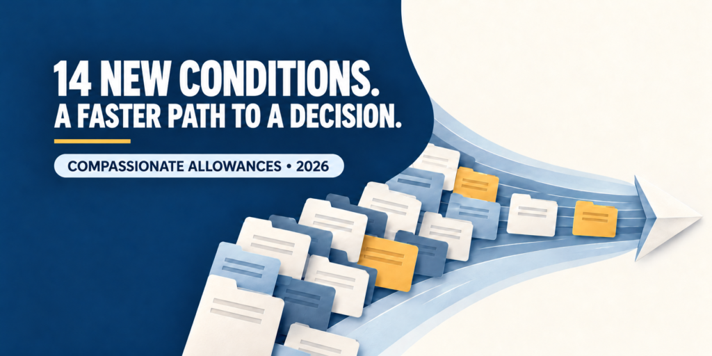 Claim folders move along a blue pathway beneath the words “14 New Conditions. A Faster Path to a Decision.